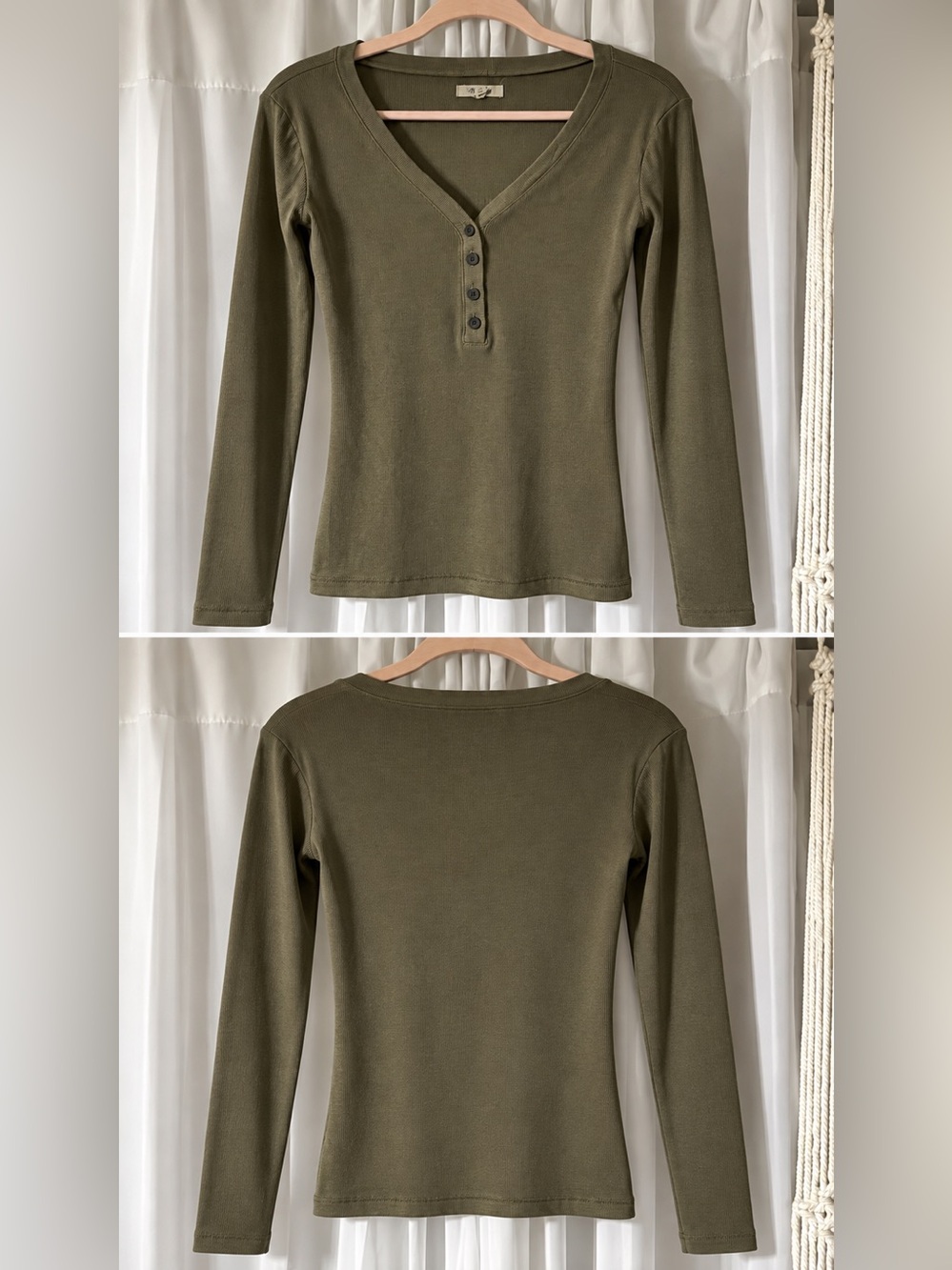 Madewell Olive Green Long-Sleeve Henley 4 button Top , sz S, euc